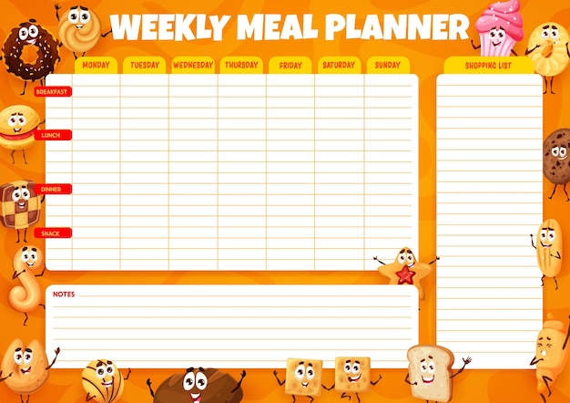 Weekly meal planner cartoon bakery