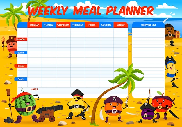 Weekly meal planner Cartoon fruit pirates and corsairs characters on treasure island vector background Week food plan or diet menu schedule apple orange banana and peach fruit pirates personages