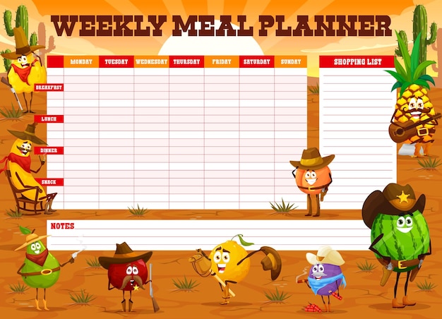 Vector weekly meal planner cartoon fruit western cowboys