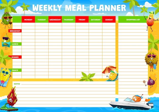 Weekly meal planner cartoon fruits summer beach