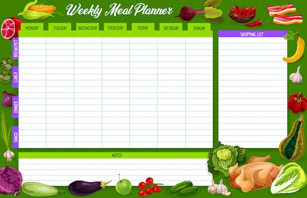 Vector weekly meal planner,  food week plan diary