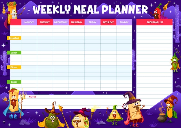 Vector weekly meal planner schedule mexican food wizards