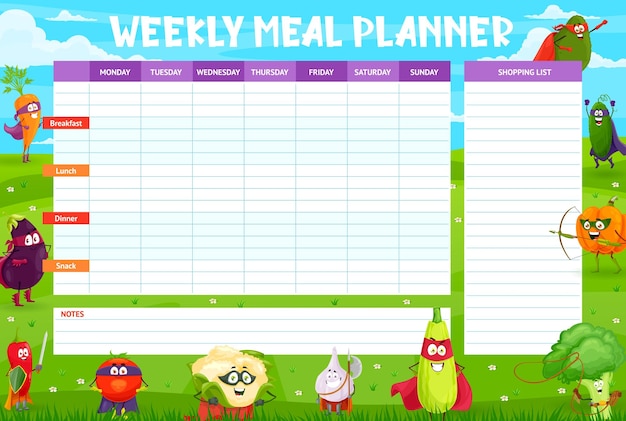 Weekly meal planner schedule vegetable superheroe