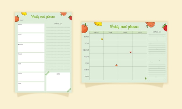 Vector weekly meal planner and shopping list