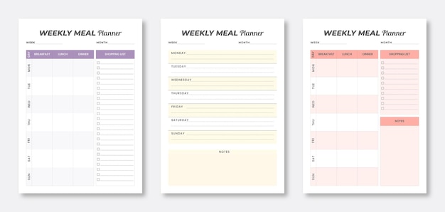 벡터 주간 식사 플래너 템플릿 주간 식사 플래너 세트 현대 플래너 템플릿 세트