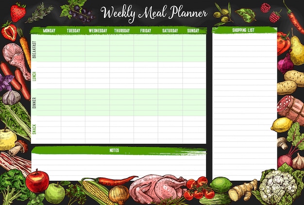 Vector weekly meal planner, timetable, week food plan