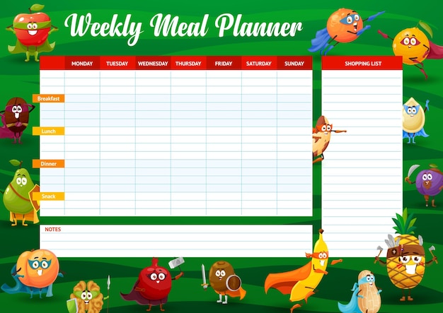 Vector weekly meal planner with cartoon fruits heroes