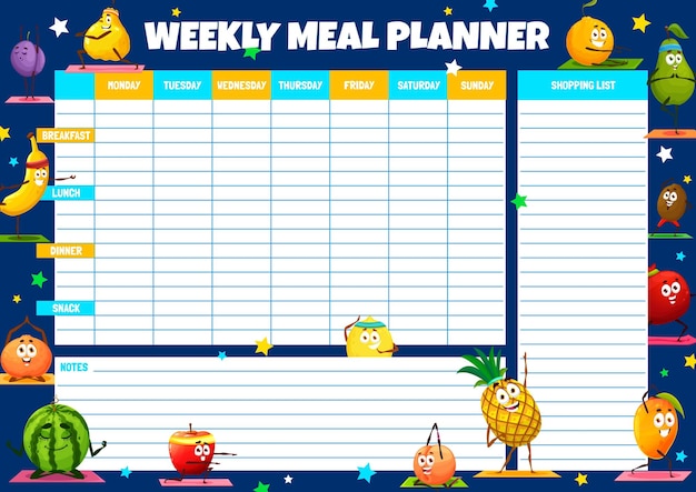 Weekly meal planner with cartoon fruits on yoga