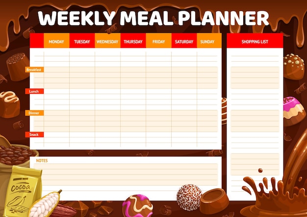 Vector weekly meal planner with chocolate candies