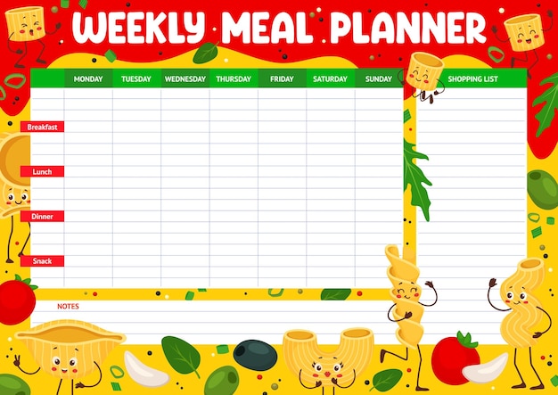 Weekly meal planner with italian pasta characters