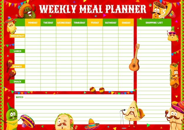 Weekly meal planner with mexican food characters