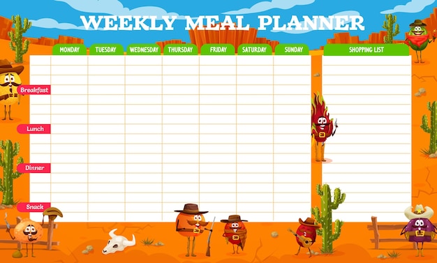 Weekly meal planner with western cowboy fruits