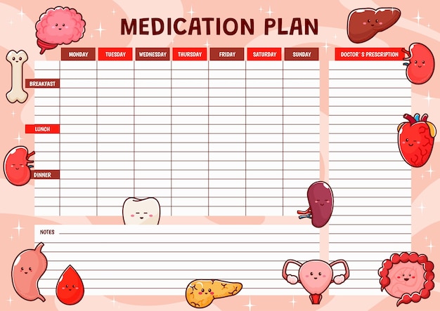 Weekly medication plan Planner with human body organ characters Medicines dosage journal or diary medication treatment vector organizer with funny brain liver kidney heart and intestine stomach