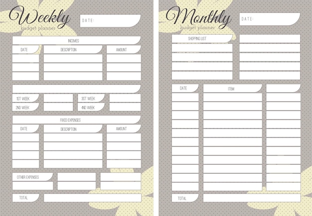 Vector weekly and monthly budget personal planner financial budget planner budget organizer