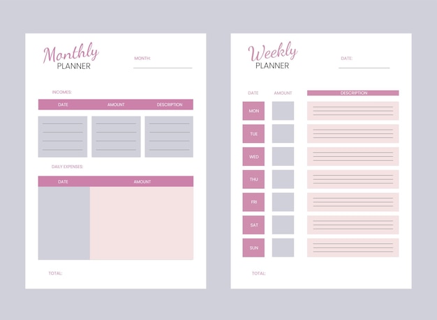 Vector weekly and monthly budget planner