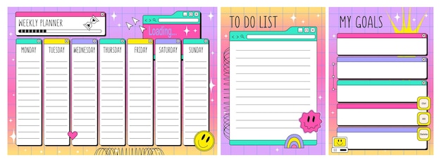 Еженедельный планировщик и список дел в стиле 2000 года. шаблон дизайна расписания kids retrowave