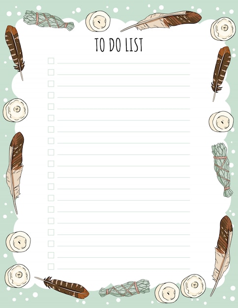 ウィークリープランナー、キャンドル、フェザー、セージスマッジスティック落書きのリスト。議題、チェックリスト、および据え置きのための居心地の良いlagomテンプレート。印刷可能なモックアップ魔女ウィッカ魔術要素