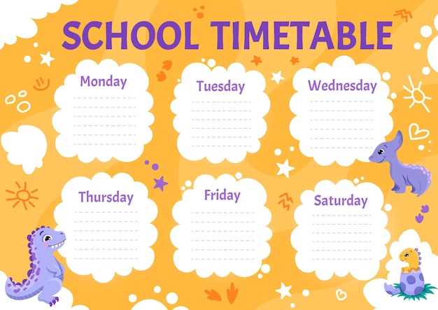 Vector weekly planner back to school timetable template with cute different dinosaurs kids schedule