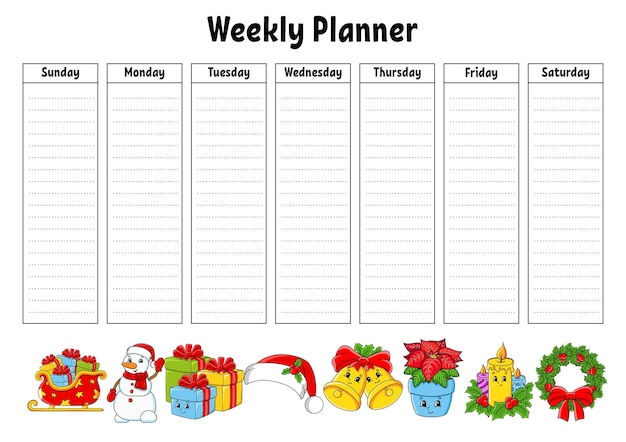 Weekly planner Bright colorful blank printable template Christmas theme Vector illustration