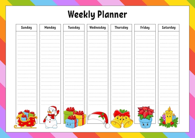 ウィークリー プランナー 明るいカラフルな空白の印刷可能なテンプレート クリスマスのテーマ