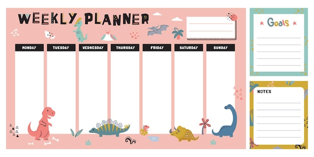 Vector weekly planner cute dinosaurs with pastel colors