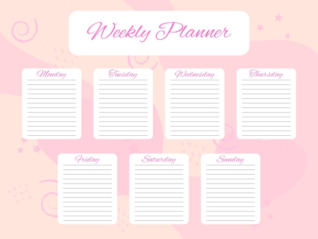 Weekly planner doodle elements on pink background Schedule design template To do list for every day of the week Self organization Vector illustration