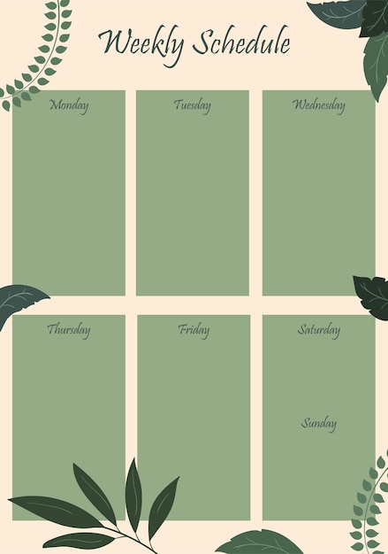 Вектор Еженедельный планировщик в зеленых пастельных тонах с листьями еженедельное расписание шаблон планировщика мероприятий планирование дней недели векторная иллюстрация дневника концепция управления временем