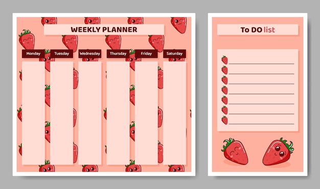 Weekly planner for kids. Child schedule for week and to do list with strawberries.