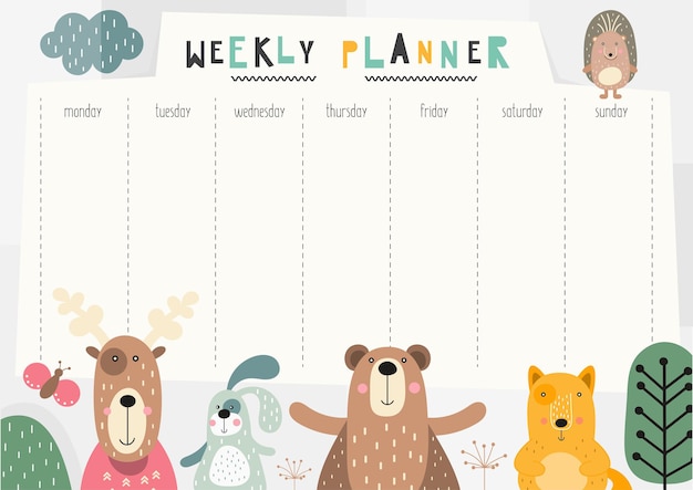 Weekly planner for kids with woodland animals. 
