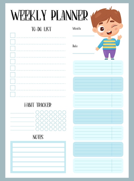 Vector weekly planner organizer todo list notes and habit tracker with happy cartoon boy vertical template