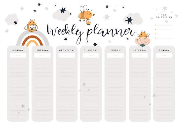 Vector weekly planner page with baby honey bees in cartoon style. student, kids, stationery digital print