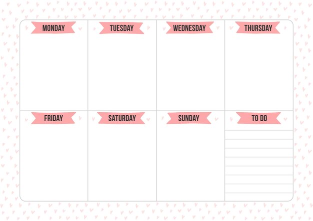 Weekly planner page with place for notes vector layout sheet with hearts background