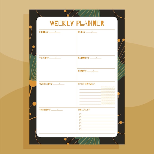 Weekly planner print concept template With hand drawn exotic floral leaves pattern Vector