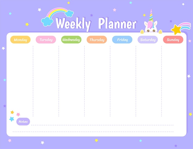 Weekly planner schedule design with cute unicorn and rainbow on purple pastel background.