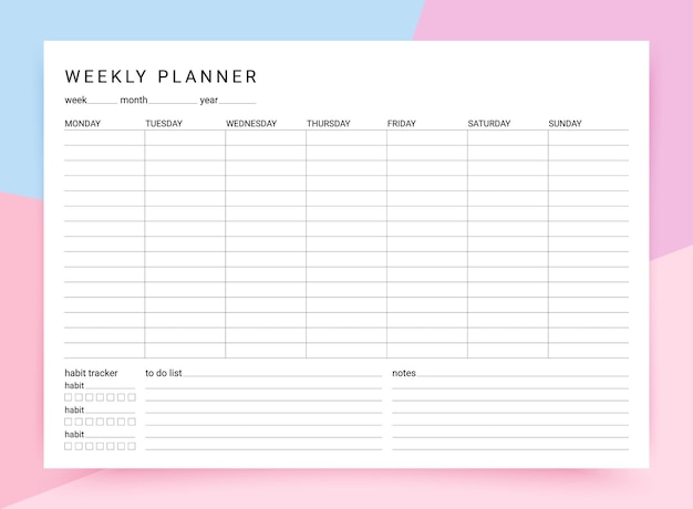 Weekly planner. Schedule homework template. Vector illustration.