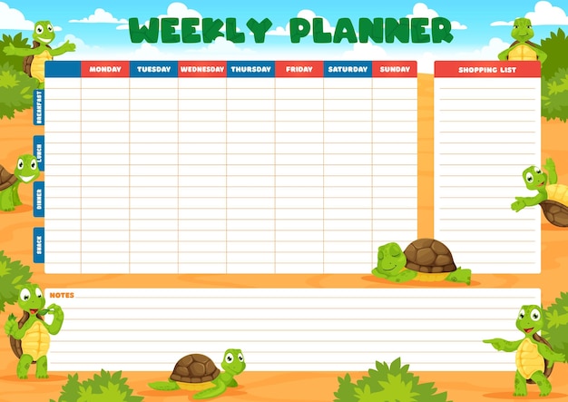 Weekly planner schedule with cartoon funny turtles