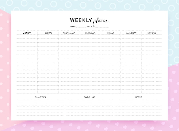 Weekly planner. Simple timetable template. Vector illustration.