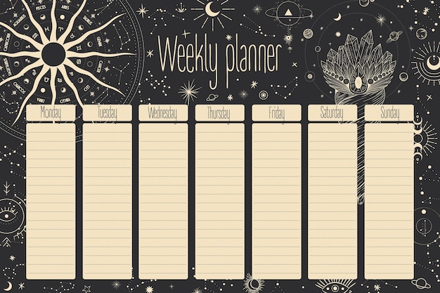Weekly planner. stars, constellations, the sun and the moon. retro vintage.