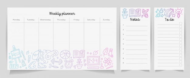 Weekly planner template concept with school supplies texture gradient. isolated organizer and schedule with notes and to do list.