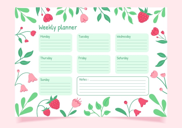 Weekly planner template design with pink flowers and leaves