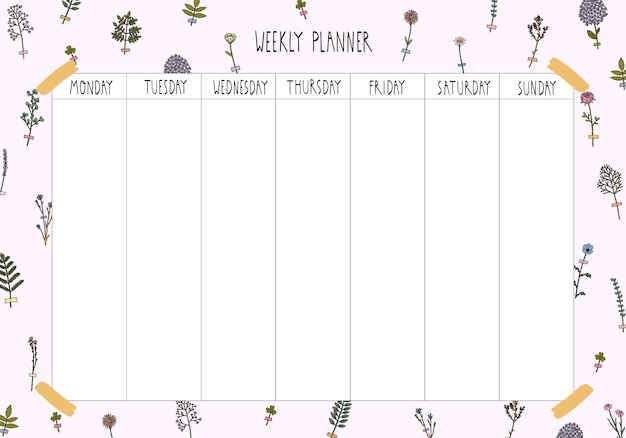 Weekly planner template in hand drawn style. Organizer and schedule