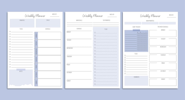 weekly planner template set. ready to print a4 sheets.vector illustration