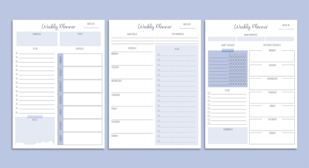 Weekly planner template set. Ready to print A4 sheets.Vector illustration