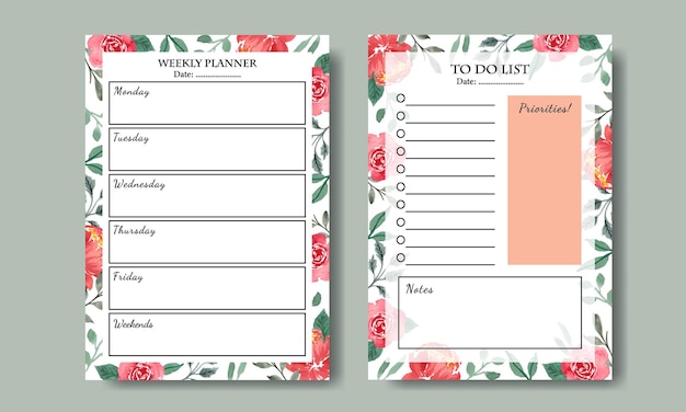 Weekly planner template watercolor red roses florals background