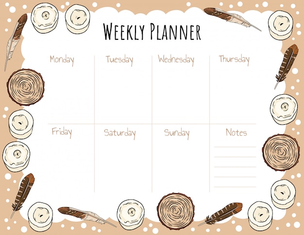 Weekly planner template with candles, feathers and wood cut sections comic style doodles.