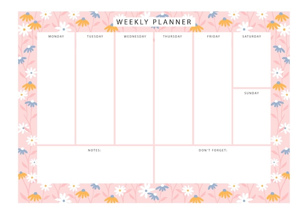 Vector weekly planner template with echinacea pattern background