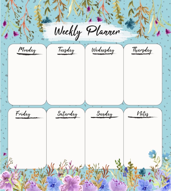 Vettore modello di planner settimanale con acquerello floreale