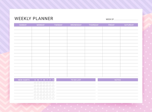 Weekly planner Timetable with habit tracker to do list notes Week starts Sunday illustration