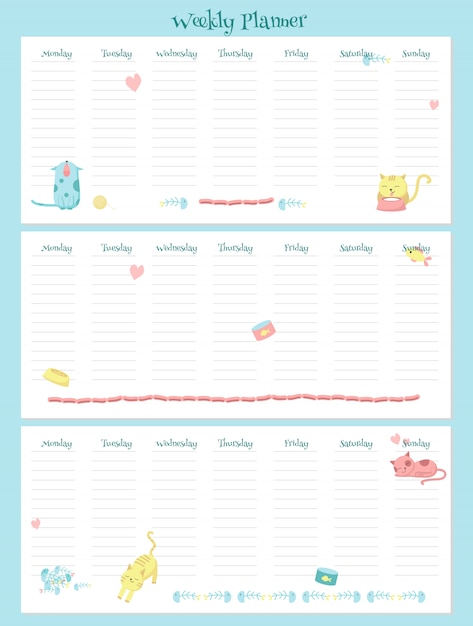 Weekly planner vector template with cute cats