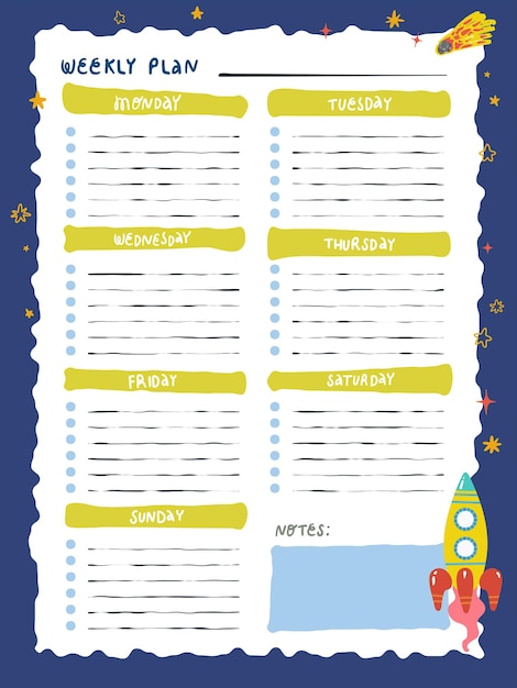 a weekly planner with a cartoon space rocket comet and stars vector template of a school schedule